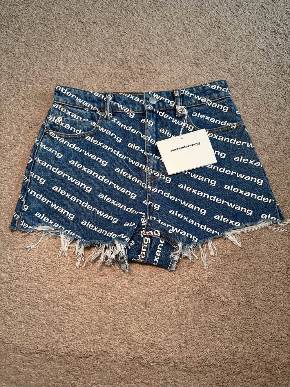 AUTHENTIC ALEXANDER WANG Navy Logo Denim Cutoff Shorts with Frayed Hem